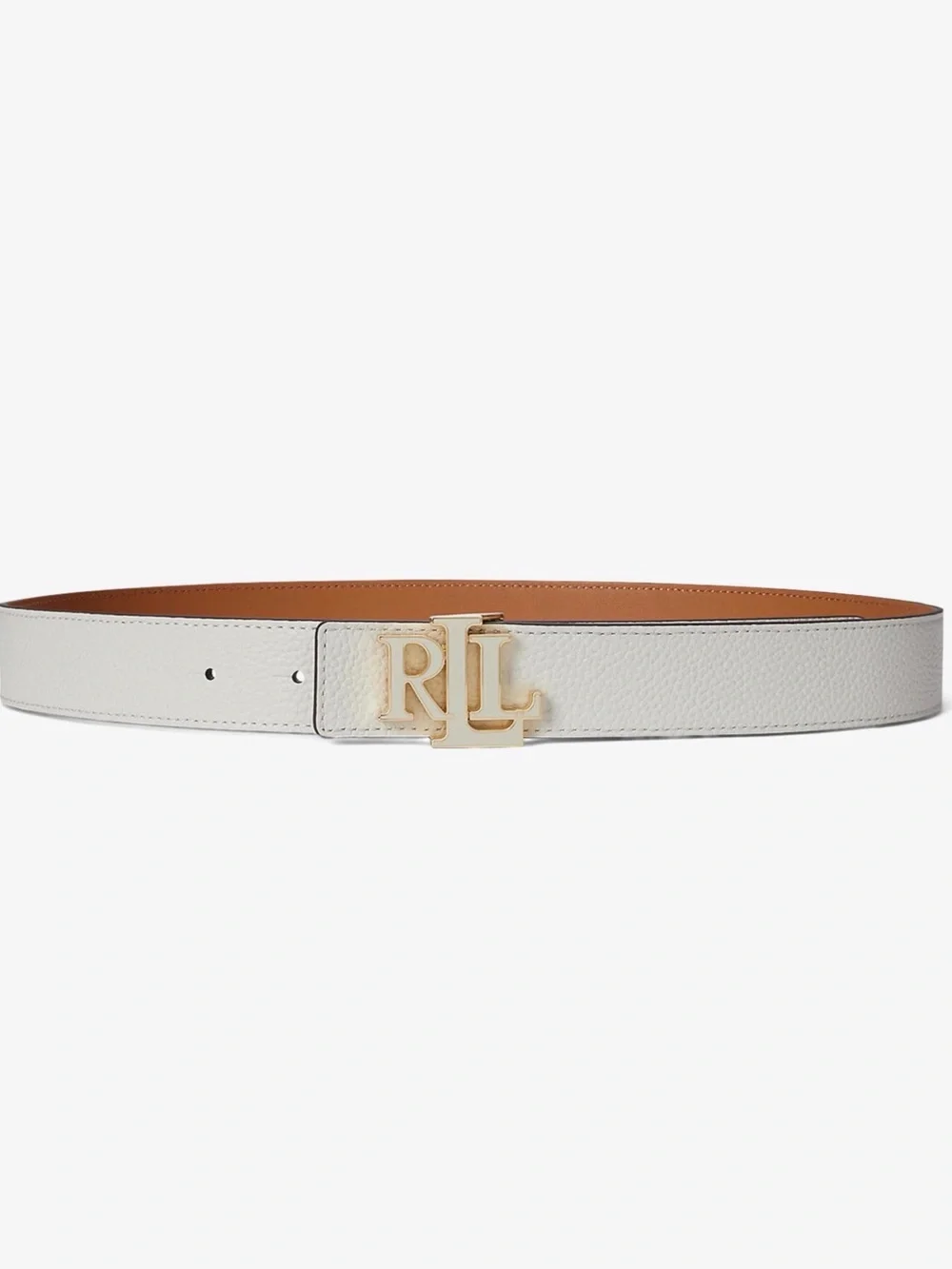 Ralph Lauren White Pebbled Leather Belt with Gold RL Buckle